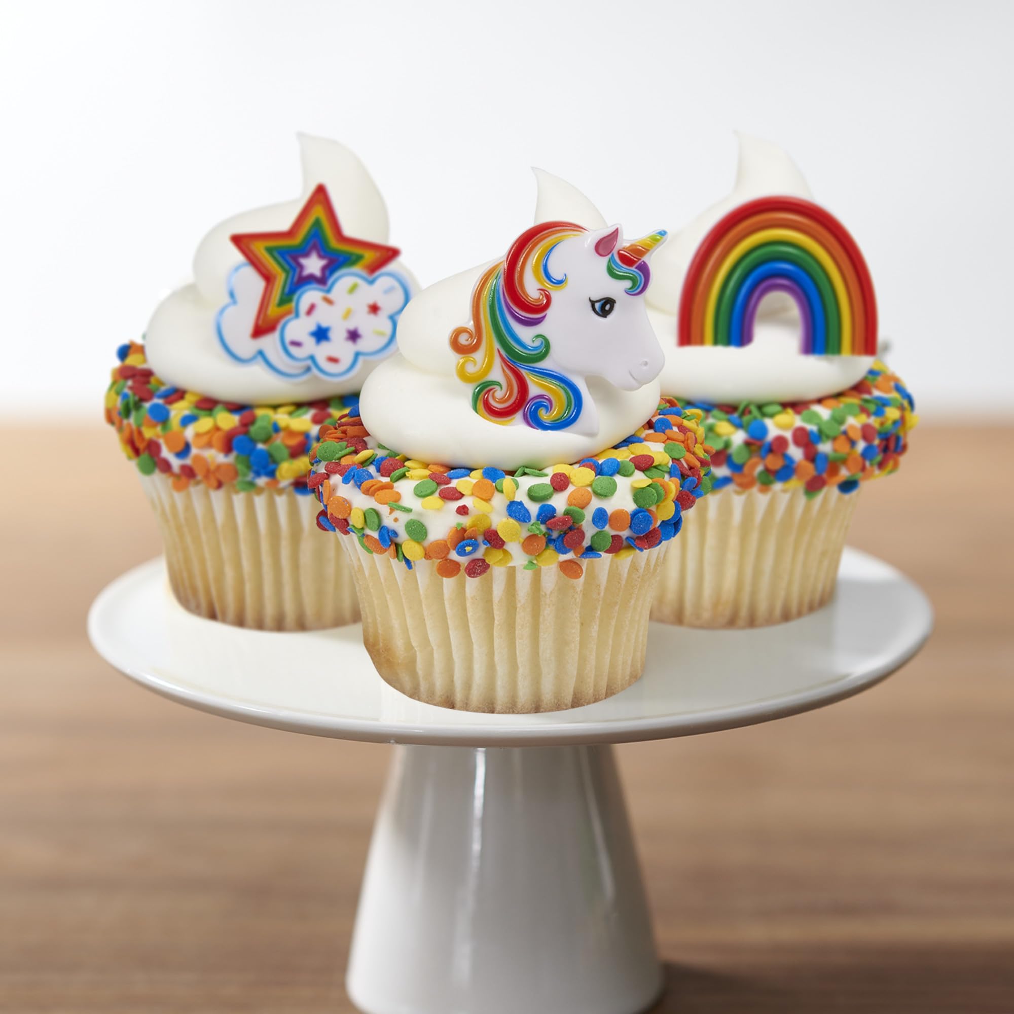 DecoPac Rainbow Unicorn Cupcake Rings – 24 Pack, Food-Safe Plastic Cake Toppers for Birthdays