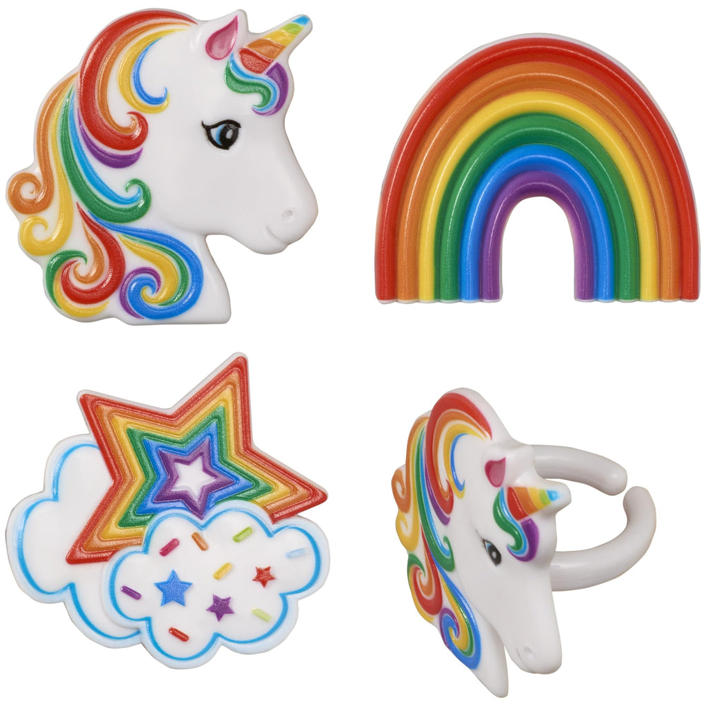 DecoPac Rainbow Unicorn Cupcake Rings – 24 Pack, Food-Safe Plastic Cake Toppers for Birthdays