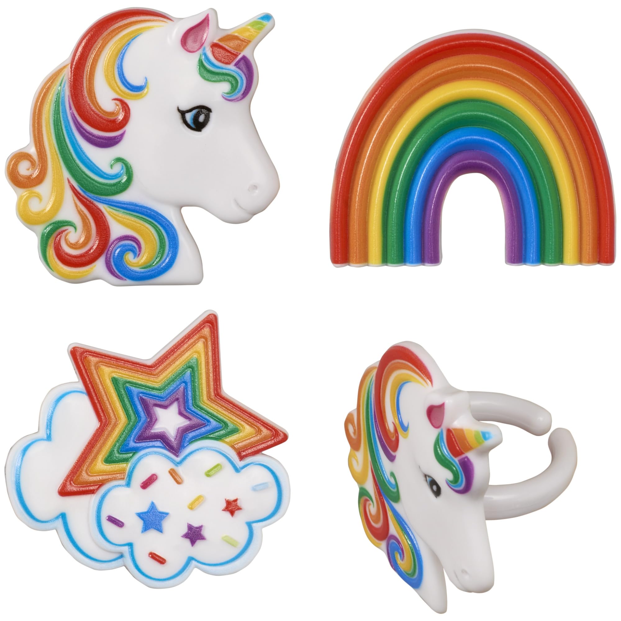 DecoPac Rainbow Unicorn Cupcake Rings – 24 Pack, Food-Safe Plastic Cake Toppers for Birthdays