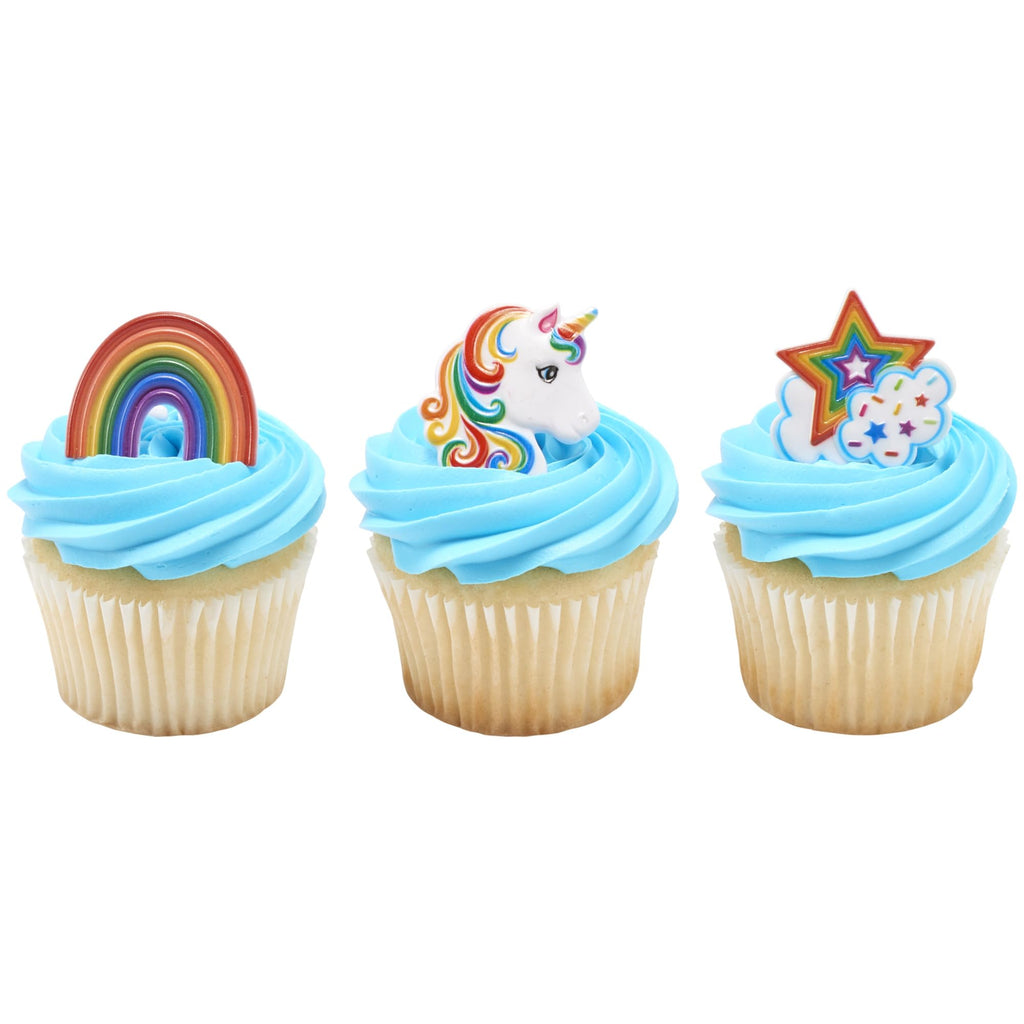 DecoPac Rainbow Unicorn Cupcake Rings – 24 Pack, Food-Safe Plastic Cake Toppers for Birthdays