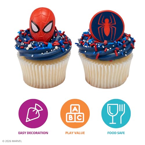 DecoPac Spider-Man Cupcake Rings – 24 Pack | Red & Blue Food Safe Cake Toppers