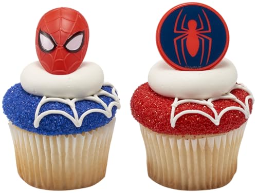 DecoPac Spider-Man Cupcake Rings – 24 Pack | Red & Blue Food Safe Cake Toppers