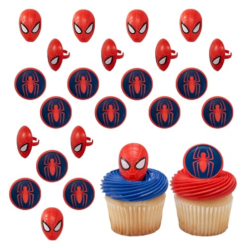DecoPac Spider-Man Cupcake Rings – 24 Pack | Red & Blue Food Safe Cake Toppers