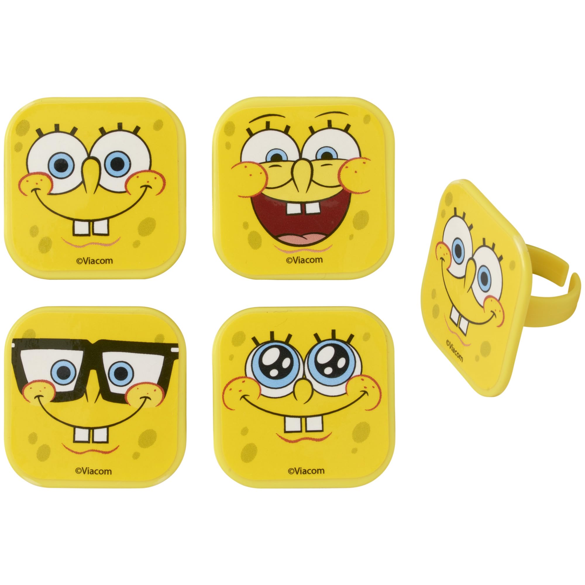 DecoPac SpongeBob SquarePants Mood Faces Cupcake Rings – 24 Pack Yellow Plastic Toppers for Party Desserts