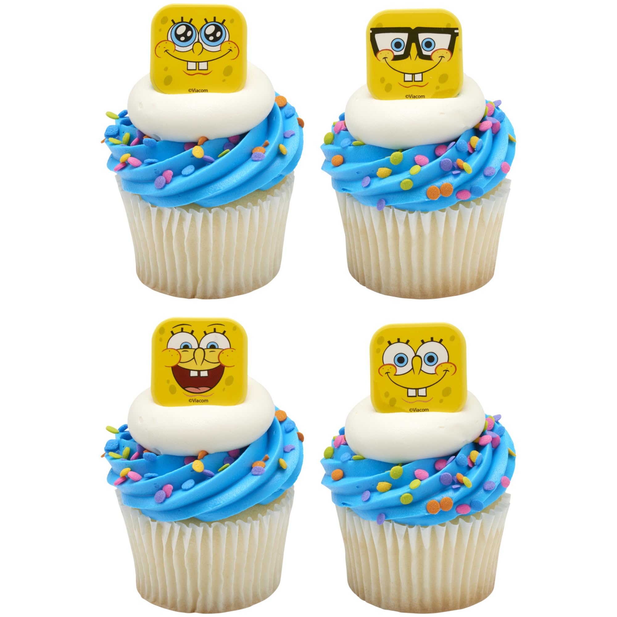 DecoPac SpongeBob SquarePants Mood Faces Cupcake Rings – 24 Pack Yellow Plastic Toppers for Party Desserts