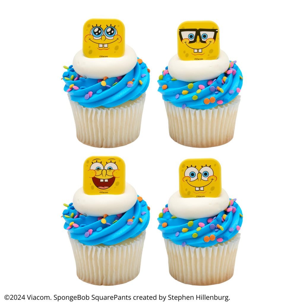 DecoPac SpongeBob SquarePants Mood Faces Cupcake Rings – 24 Pack Yellow Plastic Toppers for Party Desserts