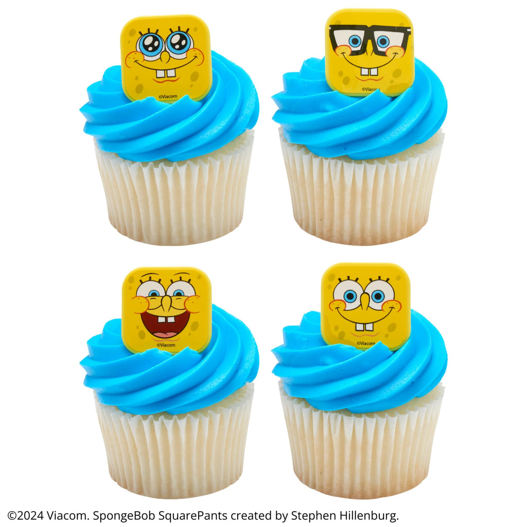 DecoPac SpongeBob SquarePants Mood Faces Cupcake Rings – 24 Pack Yellow Plastic Toppers for Party Desserts