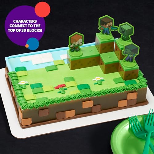 DecoSet Minecraft Mobs Beware Cake Topper – 6-Piece Stackable Blocks with Alex, Steve, and Mobs