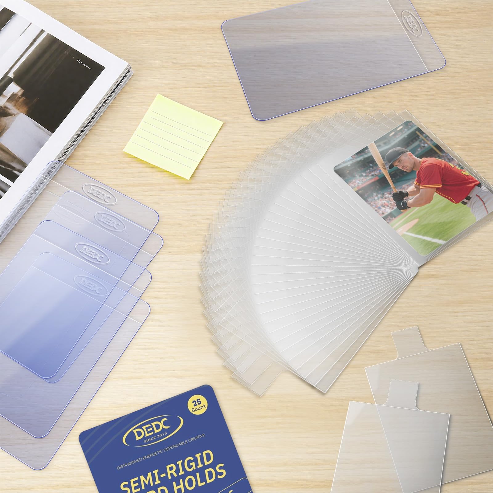 DEDC 100 Pack Clear Card Sleeves: 50 Semi-Rigid Holders + 50 Tabbed Soft Sleeves for Trading Cards