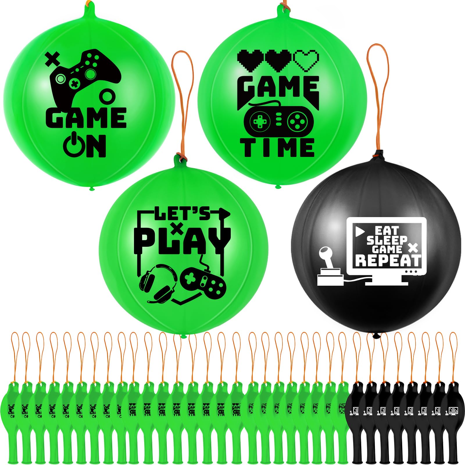 Deekin 32-Pack Video Game Punch Balloons – Pixelated Latex Balloons with Rubber Band Handles for Party Favors (Green & Black)