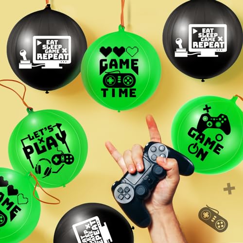 Deekin 32-Pack Video Game Punch Balloons – Pixelated Latex Balloons with Rubber Band Handles for Party Favors (Green & Black)