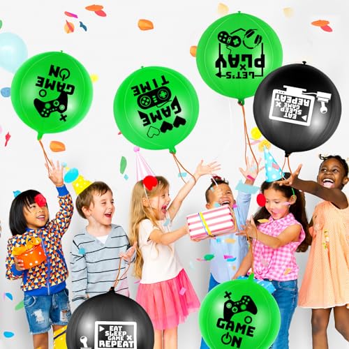 Deekin 32-Pack Video Game Punch Balloons – Pixelated Latex Balloons with Rubber Band Handles for Party Favors (Green & Black)