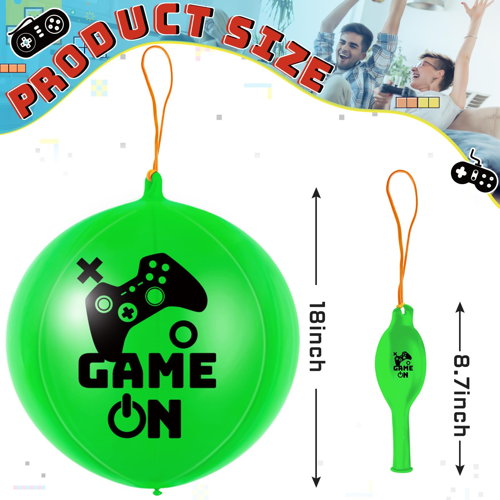 Deekin 32-Pack Video Game Punch Balloons – Pixelated Latex Balloons with Rubber Band Handles for Party Favors (Green & Black)