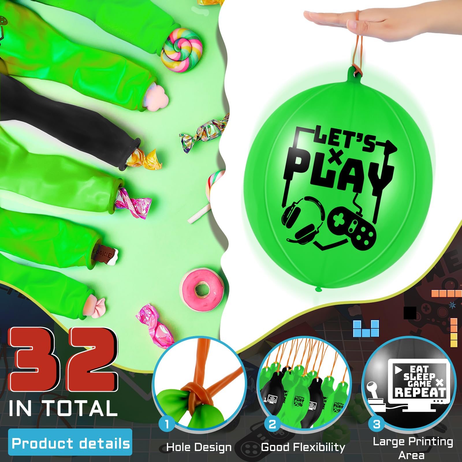 Deekin 32-Pack Video Game Punch Balloons – Pixelated Latex Balloons with Rubber Band Handles for Party Favors (Green & Black)