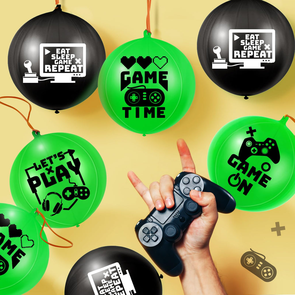 Deekin 32-Pack Video Game Punch Balloons – Pixelated Latex Balloons with Rubber Band Handles for Party Favors (Green & Black)