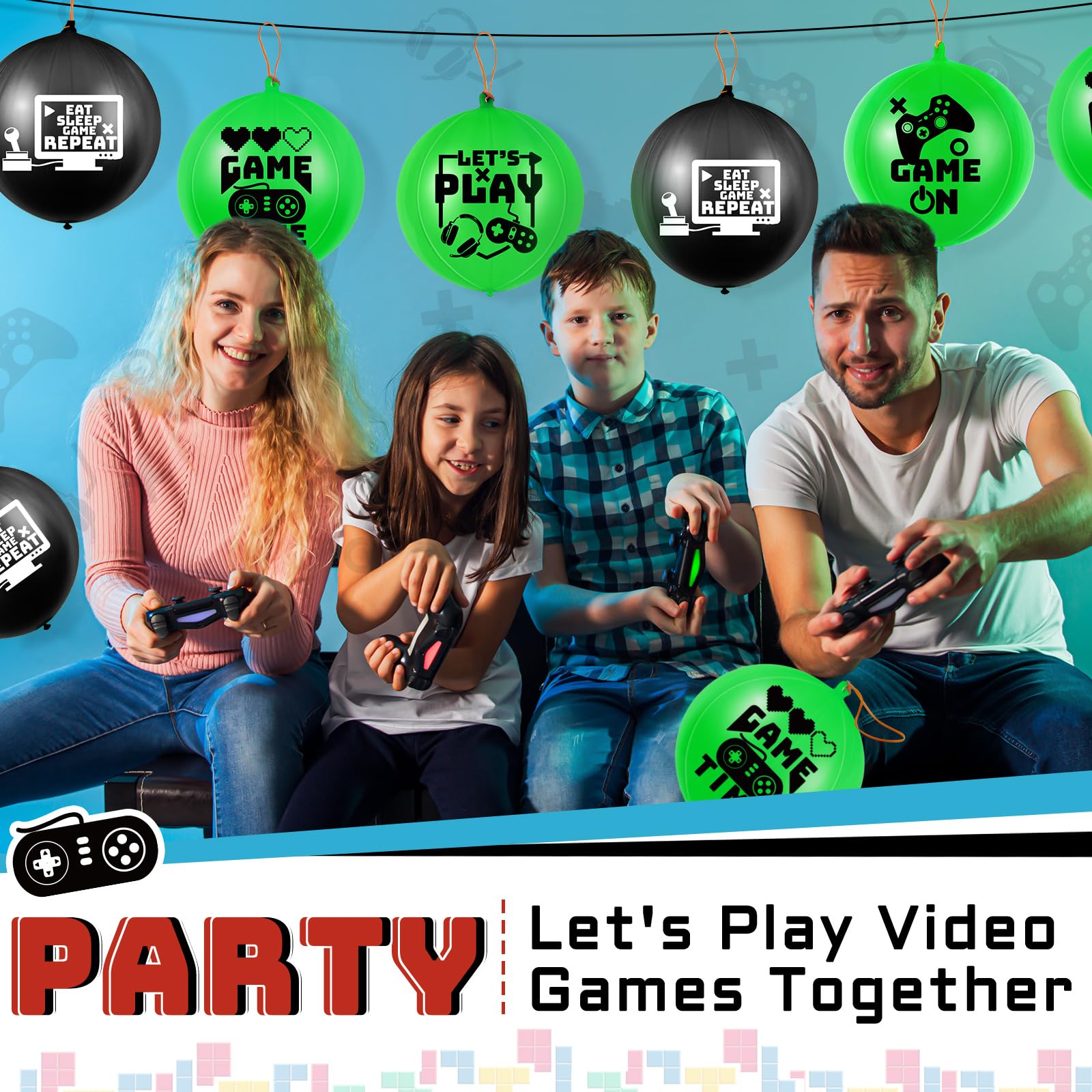 Deekin 32-Pack Video Game Punch Balloons – Pixelated Latex Balloons with Rubber Band Handles for Party Favors (Green & Black)
