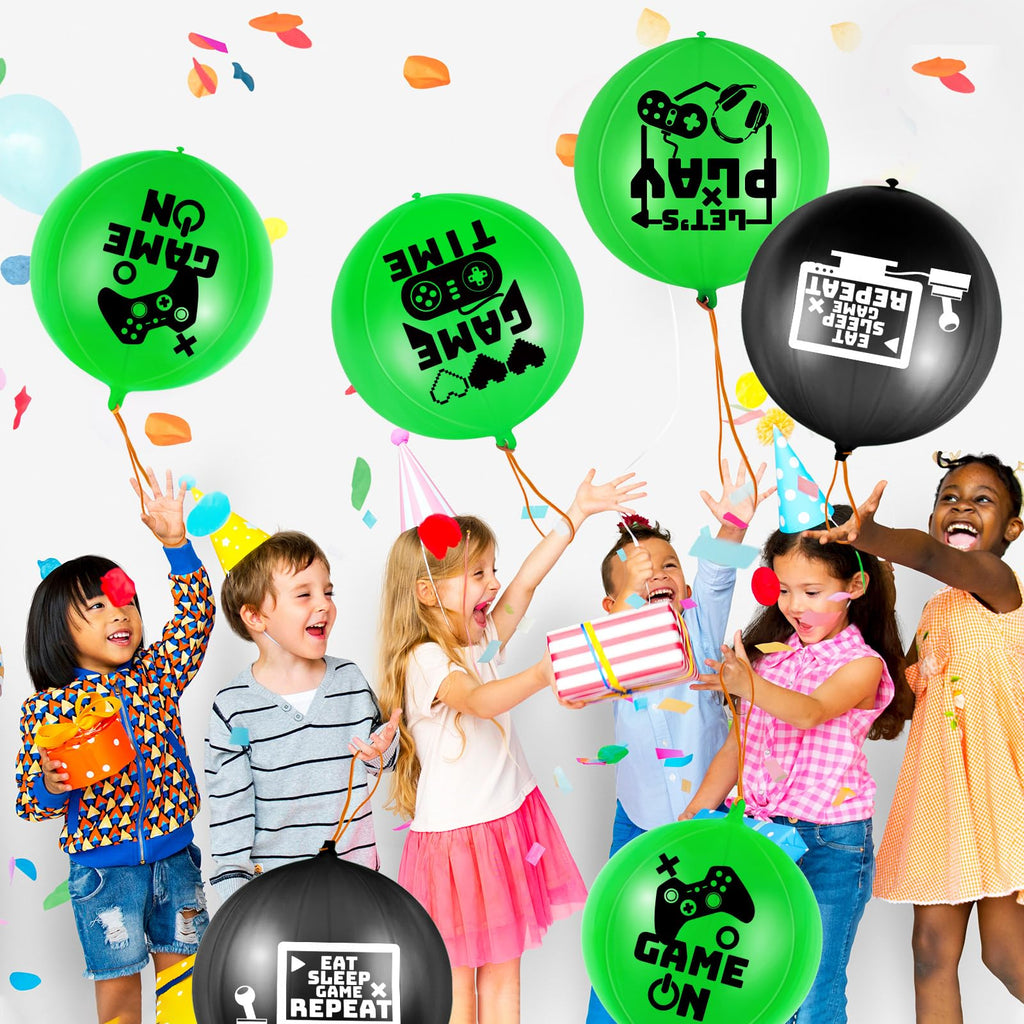 Deekin 32-Pack Video Game Punch Balloons – Pixelated Latex Balloons with Rubber Band Handles for Party Favors (Green & Black)