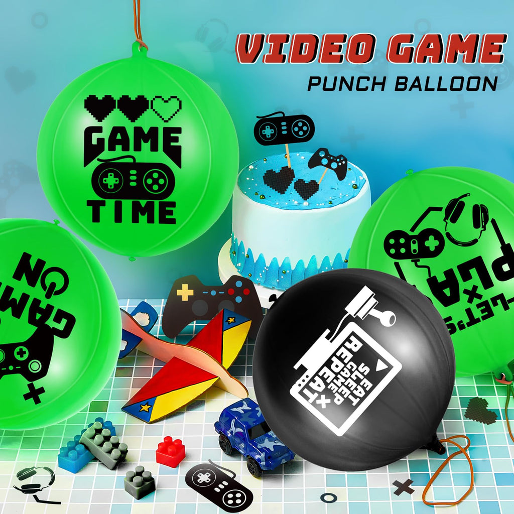 Deekin 32-Pack Video Game Punch Balloons – Pixelated Latex Balloons with Rubber Band Handles for Party Favors (Green & Black)