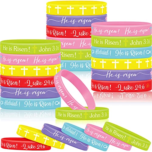 Deekin 36 Pcs He Is Risen Silicone Bracelets Bulk - Easter Basket Stuffers Religious Cross Wristbands for Church Events
