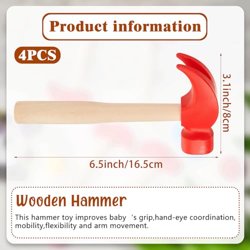 Deekin 4-Pack Toy Hammer Set – Red Plastic Head with Wooden Handle, 6.5 Inch Pretend Play Tools for Teens, Educational Gift for Birthday Parties