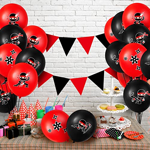 Deekin 60 Pack Ninja Balloons - Red & Black Latex Party Decoration Set with 4 Ninja Designs