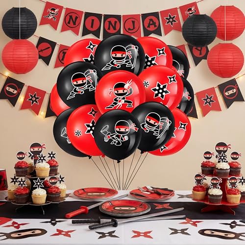 Deekin 60 Pack Ninja Balloons - Red & Black Latex Party Decoration Set with 4 Ninja Designs