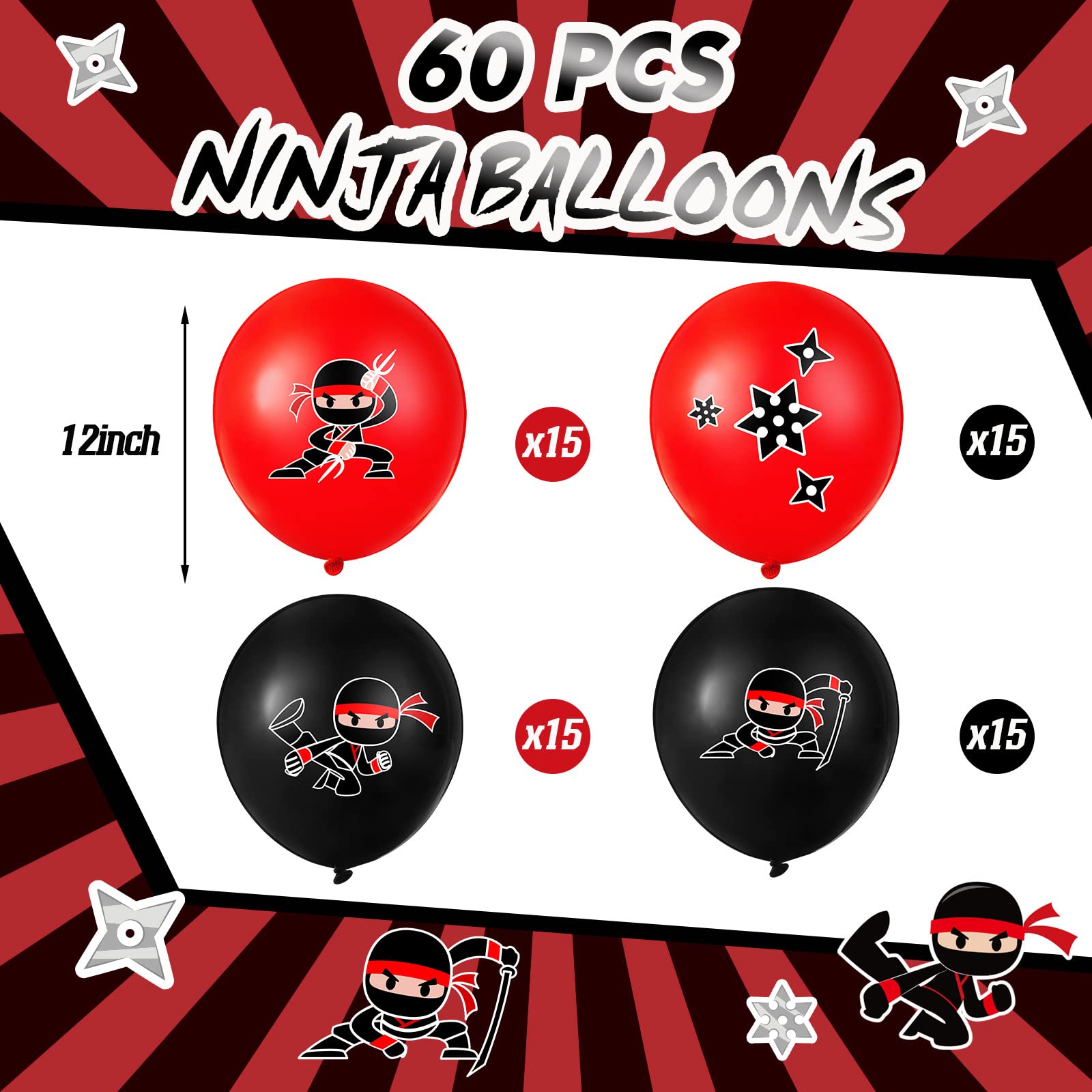 Deekin 60 Pack Ninja Balloons - Red & Black Latex Party Decoration Set with 4 Ninja Designs