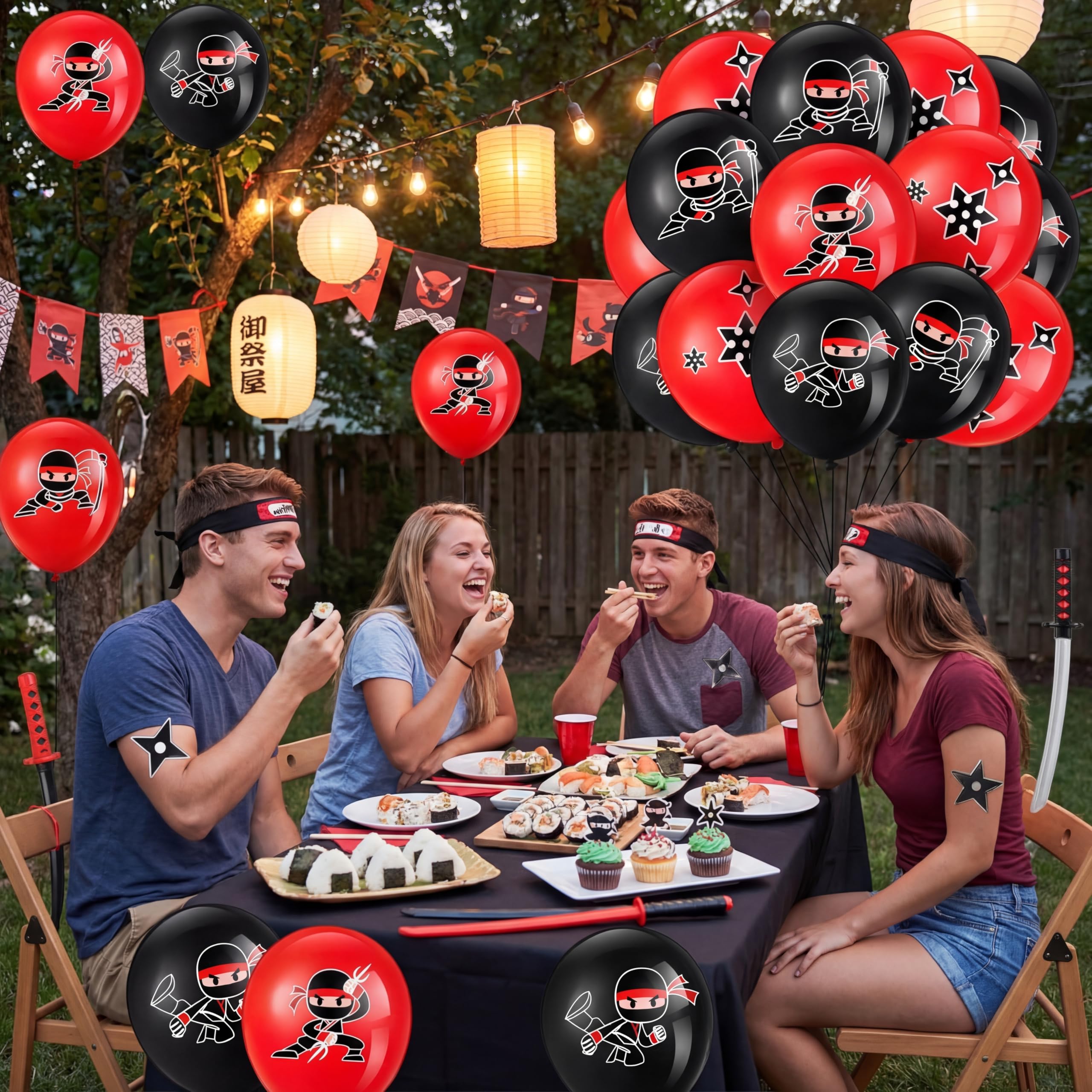 Deekin 60 Pack Ninja Balloons - Red & Black Latex Party Decoration Set with 4 Ninja Designs