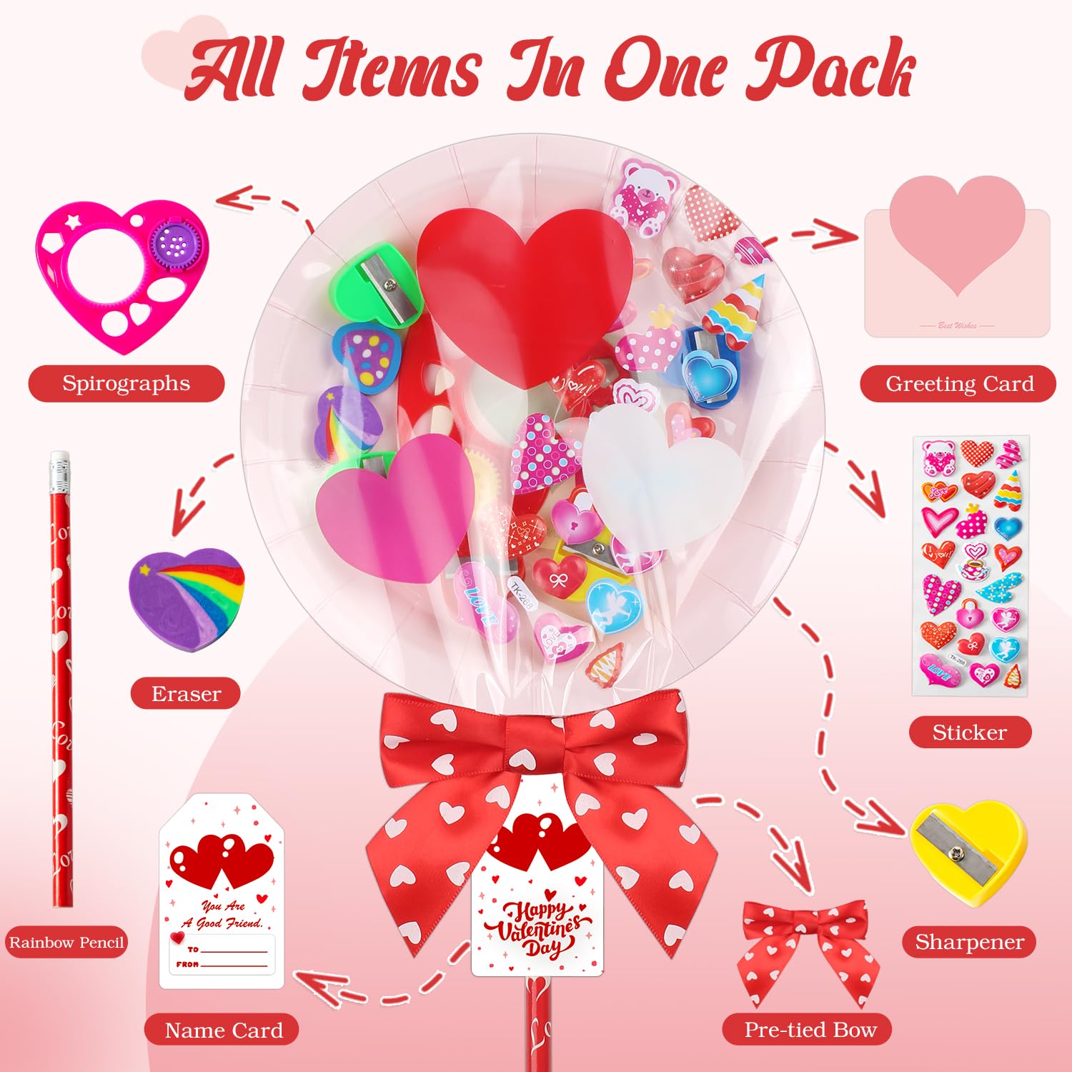 Deerher 28-Pack Valentine's Day Gifts for Kids - Large Pink Container with Rainbow Pencil, Spirograph, Stickers, and Cards for Classroom Exchange