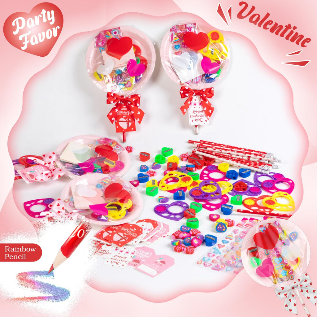 Deerher 28-Pack Valentine's Day Gifts for Kids - Large Pink Container with Rainbow Pencil, Spirograph, Stickers, and Cards for Classroom Exchange