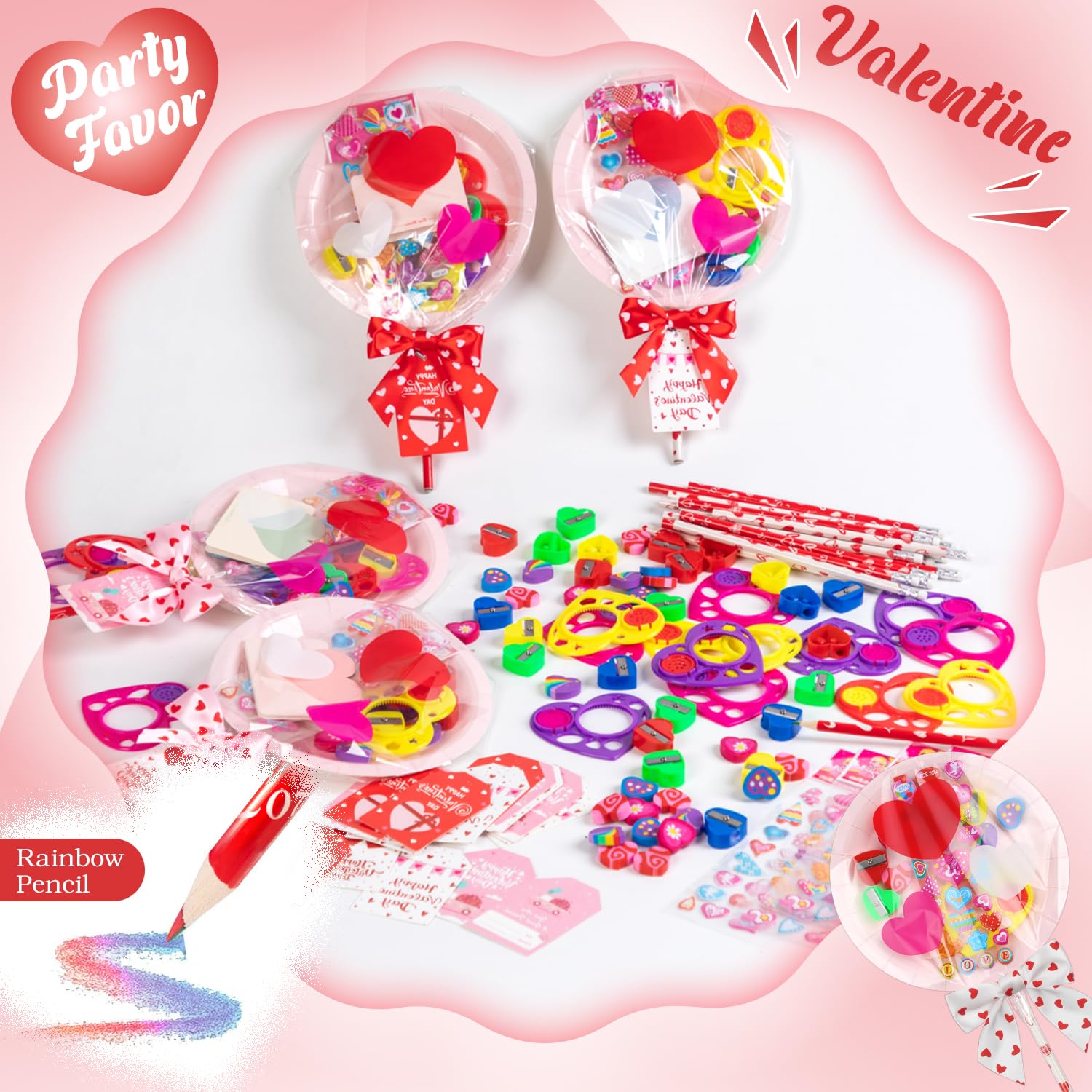 Deerher 28-Pack Valentine's Day Gifts for Kids - Large Pink Container with Rainbow Pencil, Spirograph, Stickers, and Cards for Classroom Exchange