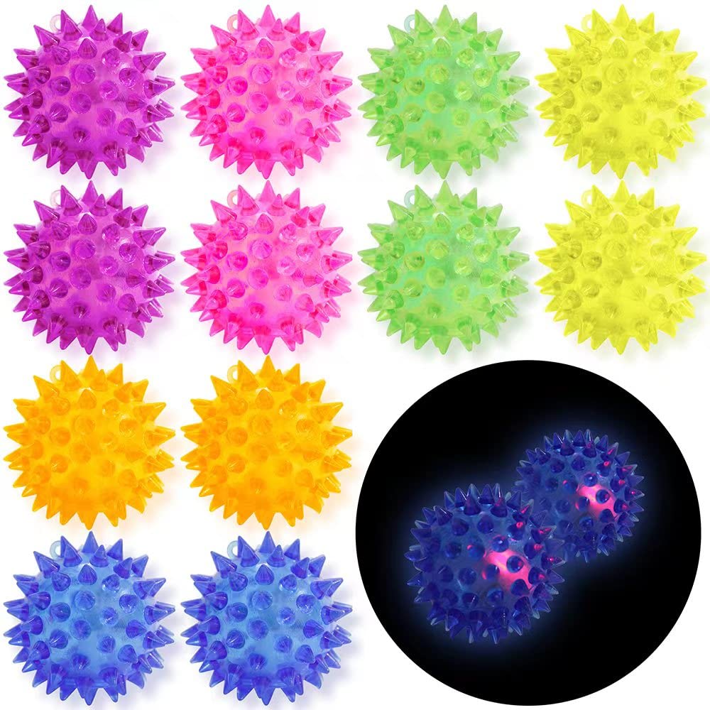 Deermon 12-Pack LED Spiky Balls - Glow in the Dark Bouncy Sensory Toys for Kids Party Favors