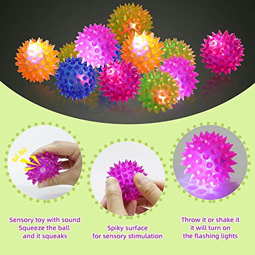 Deermon 12-Pack LED Spiky Balls - Glow in the Dark Bouncy Sensory Toys for Kids Party Favors