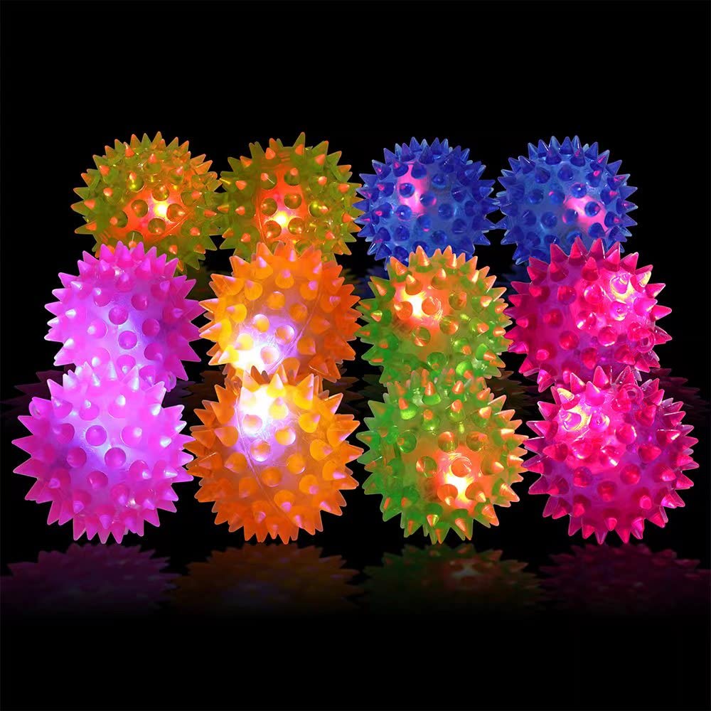 Deermon 12-Pack LED Spiky Balls - Glow in the Dark Bouncy Sensory Toys for Kids Party Favors