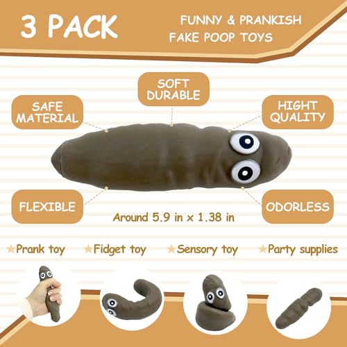 Deermon 3-Pack Stretchy Poop Stress Toys with Googly Eyes - Sensory Fidget Toy for Anxiety Relief and Pranks