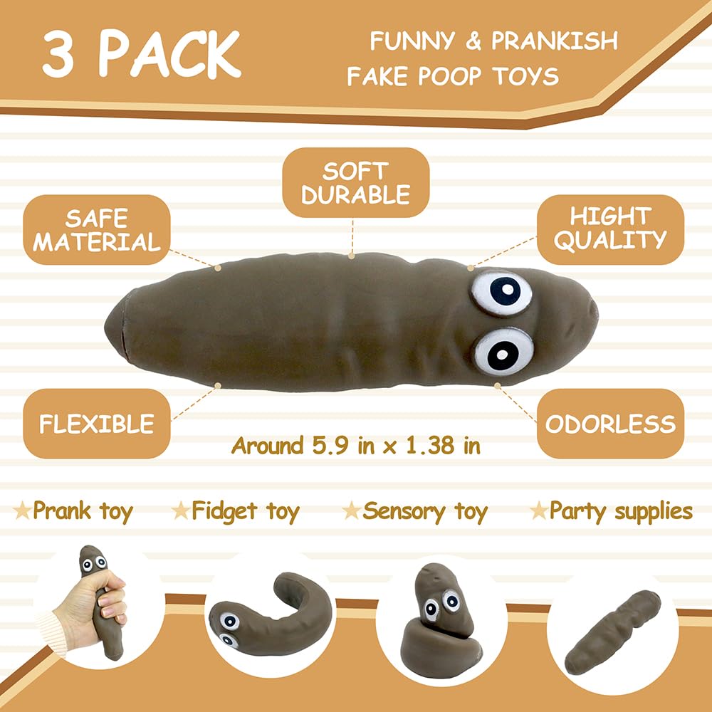 Deermon 3-Pack Stretchy Poop Stress Toys with Googly Eyes - Sensory Fidget Toy for Anxiety Relief and Pranks
