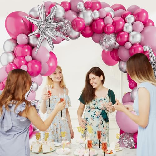 deiiom Hot Pink & Silver Balloon Arch Garland Kit – 127pcs for Princess Birthday, Baby Shower, Anniversary Party Decor