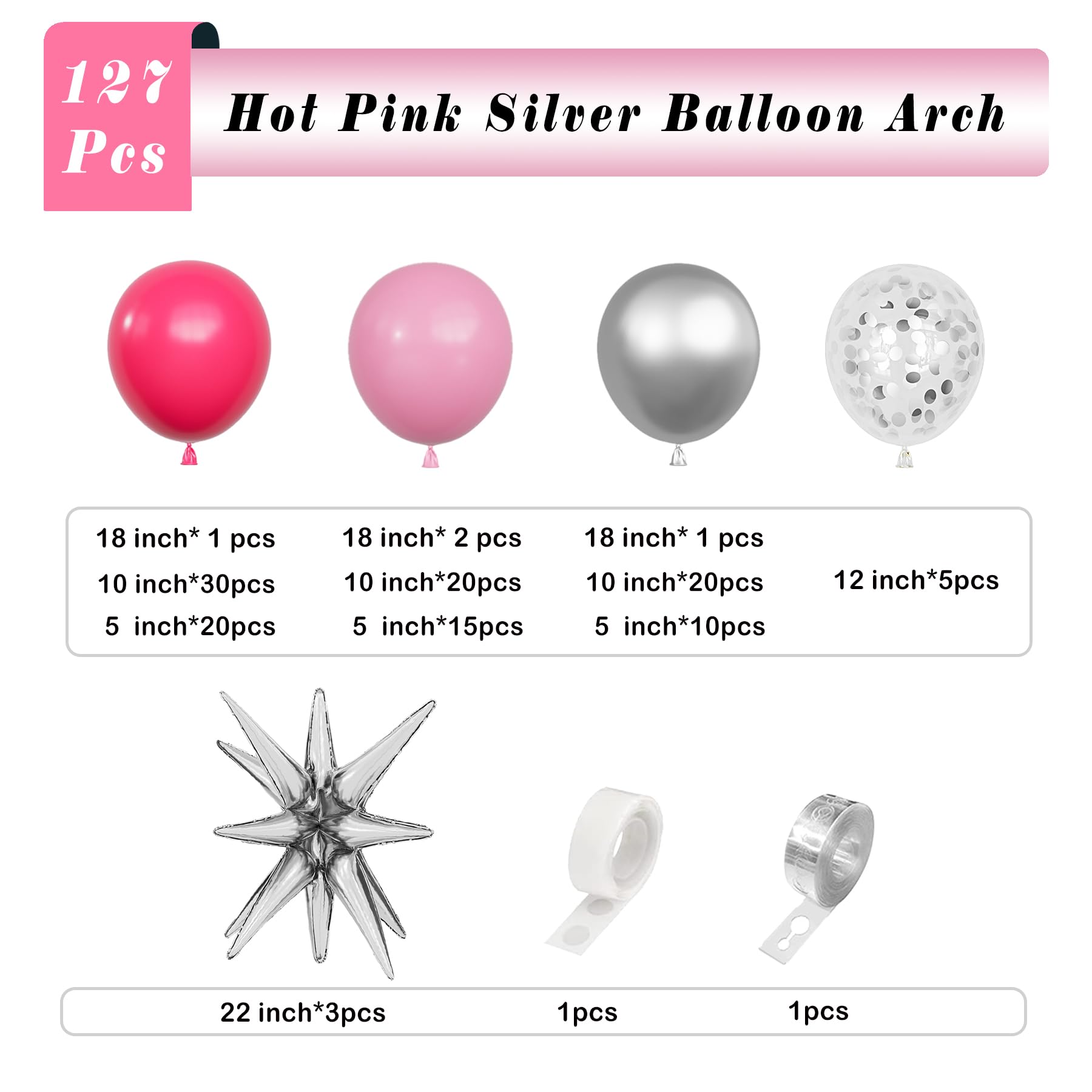 deiiom Hot Pink & Silver Balloon Arch Garland Kit – 127pcs for Princess Birthday, Baby Shower, Anniversary Party Decor