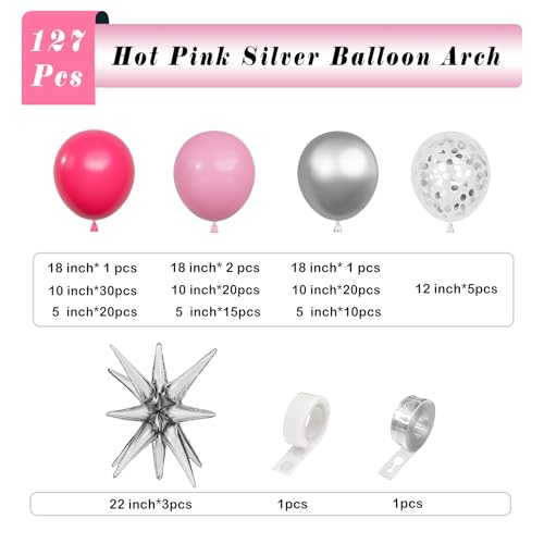 deiiom Hot Pink & Silver Balloon Arch Garland Kit – 127pcs for Princess Birthday, Baby Shower, Anniversary Party Decor