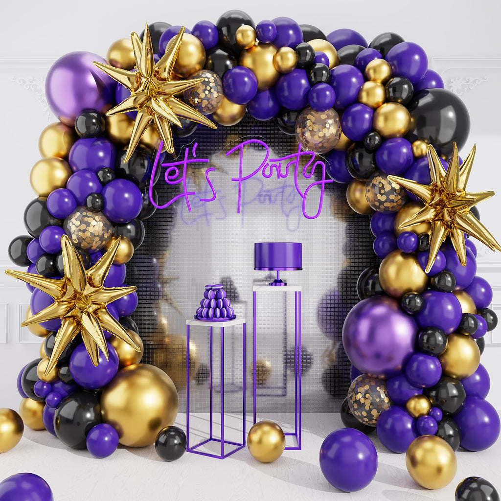 deiiom Purple Black Balloon Arch Kit – 127 Pieces with Metallic Gold Star Foil for Graduation, Birthday, Easter
