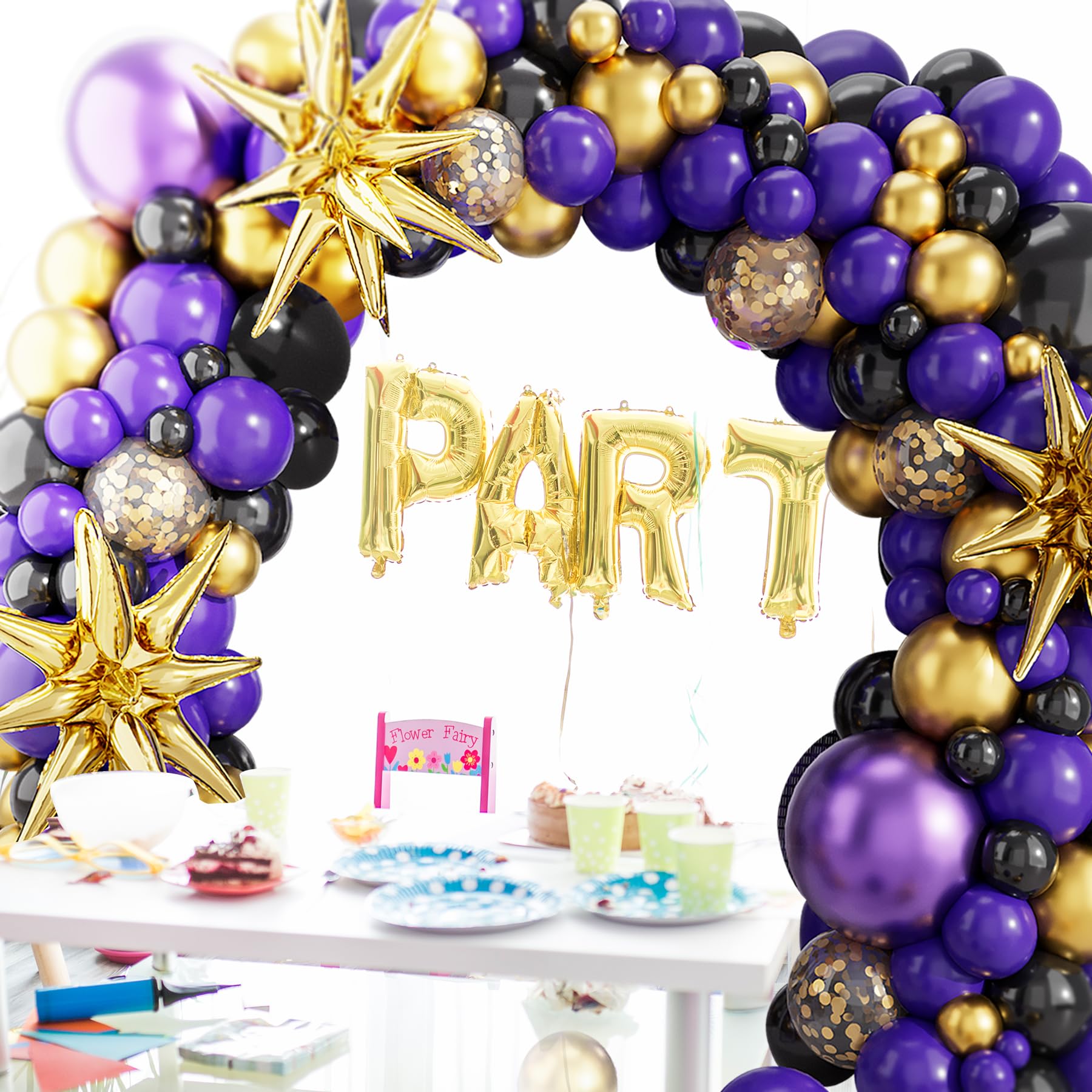 deiiom Purple Black Balloon Arch Kit – 127 Pieces with Metallic Gold Star Foil for Graduation, Birthday, Easter