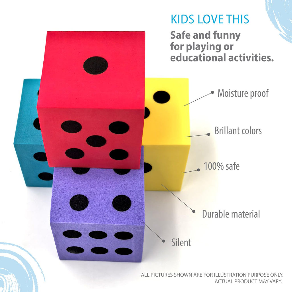 Deke Home Foam Dice Set (Pack of 4) - Large 1.96-Inch, Quiet, Non-Toxic EVA Dice for Classroom Math & Counting Games