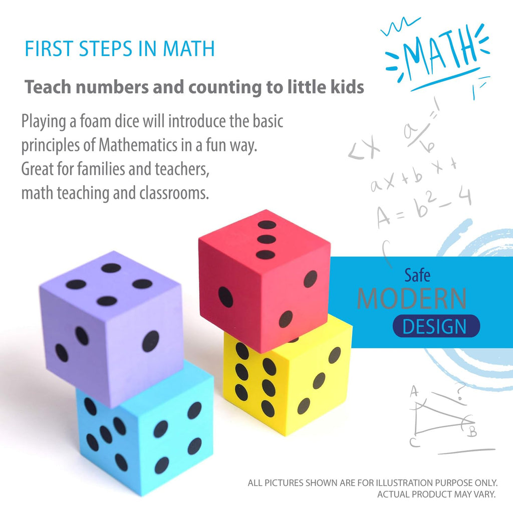 Deke Home Foam Dice Set (Pack of 4) - Large 1.96-Inch, Quiet, Non-Toxic EVA Dice for Classroom Math & Counting Games