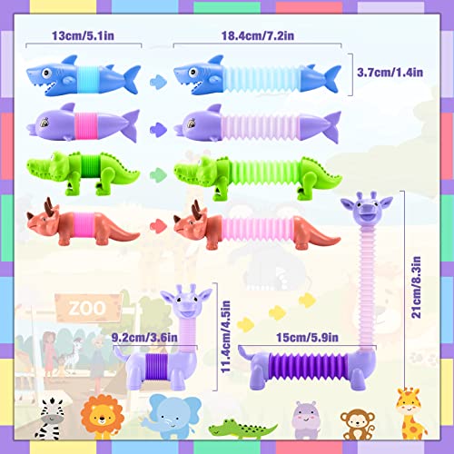 Delighkidz 6-Pack Animal LED Pop Tubes for Toddlers Age 3-8 – Sensory Fidget Toys with Dinosaur, Giraffe, Shark and More