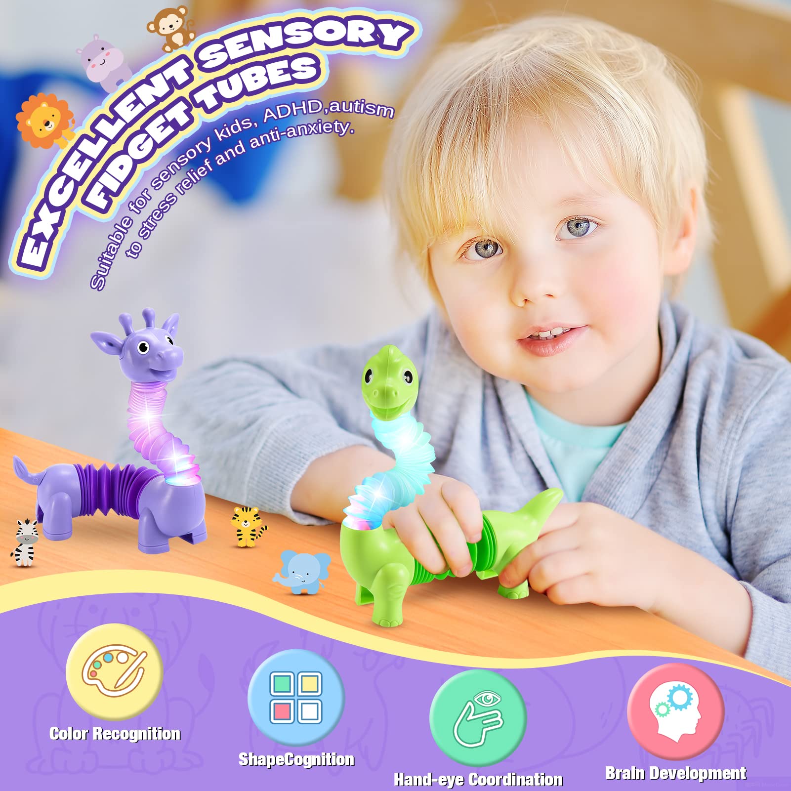 Delighkidz 6-Pack Animal LED Pop Tubes for Toddlers Age 3-8 – Sensory Fidget Toys with Dinosaur, Giraffe, Shark and More