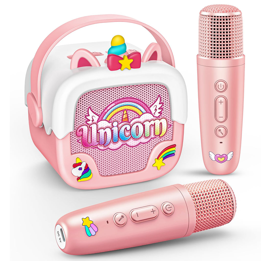 Delighkidz Mini Karaoke Machine for Kids - Unicorn Bluetooth Speaker with 2 Wireless Mics, Pink