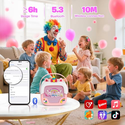 Delighkidz Mini Karaoke Machine for Kids - Unicorn Bluetooth Speaker with 2 Wireless Mics, Pink