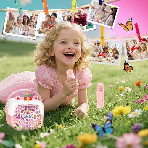 Delighkidz Mini Karaoke Machine for Kids - Unicorn Bluetooth Speaker with 2 Wireless Mics, Pink