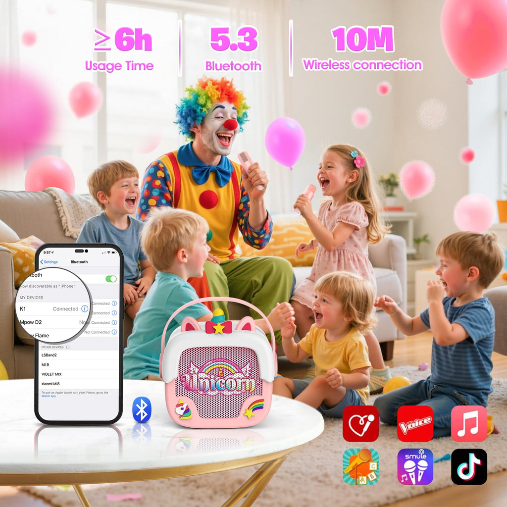 Delighkidz Mini Karaoke Machine for Kids - Unicorn Bluetooth Speaker with 2 Wireless Mics, Pink