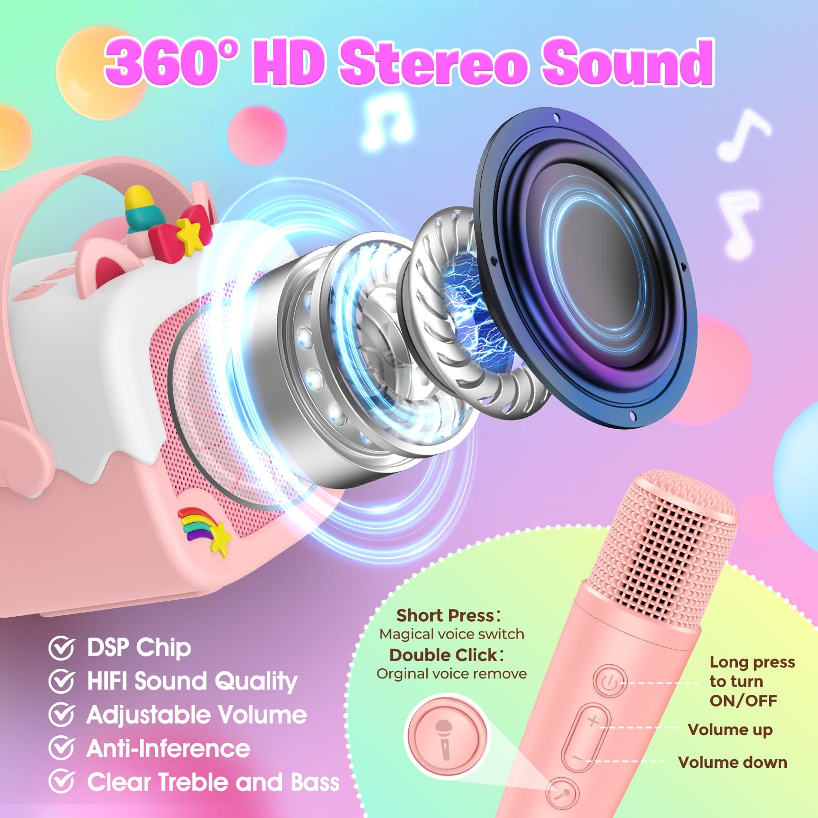 Delighkidz Mini Karaoke Machine for Kids - Unicorn Bluetooth Speaker with 2 Wireless Mics, Pink